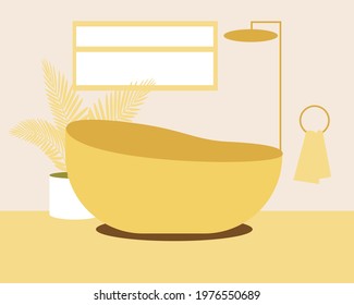 Bathroom interior no people, pattern or backdrop. Flat vector stock illustration. Bathroom, towel, window and nobody. Modern design. Bath with shower. Simple illustration