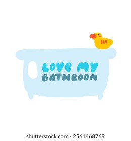 Bathroom interior objects set. Cute hand drawn doodle house furniture inside items, rubber duck toy. Modern restroom elements