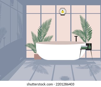 Bathroom Interior With Plants In Evening, Flat Vector Illustration With Window And Shade, No People