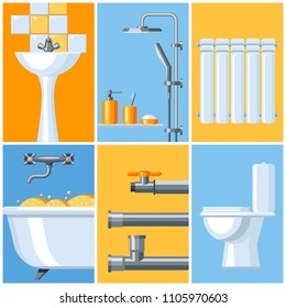 Bathroom interior. Plumbing background. Illustration for sanitary engineering shop. Sale, service and installation.