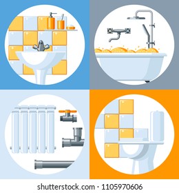 Bathroom interior. Plumbing background. Illustration for sanitary engineering shop. Sale, service and installation.