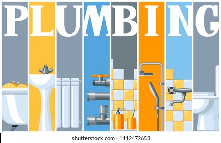 Bathroom interior. Plumbing banner. Illustration for sanitary engineering shop. Sale, service and installation.