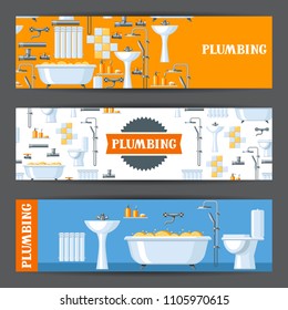 Bathroom interior. Plumbing banners. Illustration for sanitary engineering shop. Sale, service and installation.