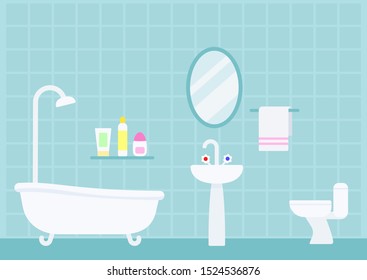 Bathroom interior with plumbing furniture and washing accessories. Vector flat illustration