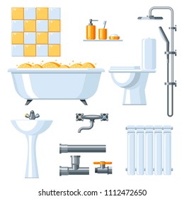 Bathroom interior. Plumbing icon set. Items for sanitary engineering shop. Sale, service and installation.