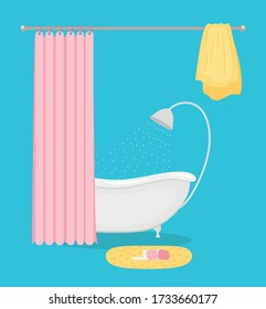 Bañera interior de afiche o promo flyer en la casa con estante de paredes azules con accesorios de baño ilustración vectorial