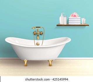 Bathroom interior poster or promo flyer bathtub in the house with blue walls shelf with bath accessories vector illustration