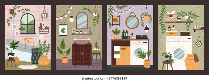 Badezimmer Innenposter. Toilettenraum. Moderner Schrank. Hausmöbel. Waschmaschine mit Waschkorb. Handtuch im Bad. Toilettenregal. Waschbecken-Spiegel. Zimmerpflanzen. Toiletten-Design-Vektorgrafik-Aufräumen-Set