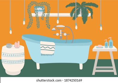 El interior del cuarto de baño es de estilo retro. El baño es acogedor y cuenta con plantas y bañera de hidromasaje. Luces colgantes, mesitas, grifo del mezclador.