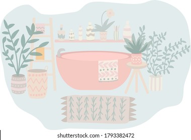 Bathroom interior in Scandinavian style. Bath with towel, plants in pots, bottles with shower gel and shampoo. Vector stock illustration.