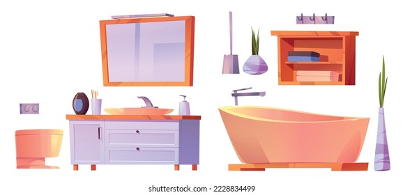 Bathroom interior set with bath, sink, toilet bowl, mirror and shelf with clean towels. Washroom furniture, plants, lamp, soap and toothbrushes, vector cartoon illustration