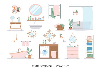 La decoración del cuarto de baño. Colección de elementos de diseño. Bañera, mesita de noche con flores y botellas, sprays, lavadora y espejos. Ilustraciones de caricaturas de vectores planos aisladas en fondo blanco