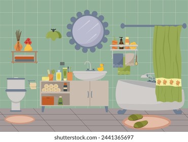 Bathroom interior. A set of furniture items - a bathtub, a cabinet with a sink and a mirror, towels and personal hygiene items. Carpet and slippers. Flat vector.