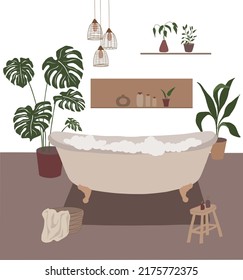 Bathroom interior set illustration . Modern trendy minimal bathroom elements and decorations vector in boho design