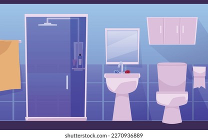 Bathroom interior with shower cabin, toilet, washbasin and mirror - flat vector illustration. Modern bathroom and toilet interior design. Restroom furniture - cabinets, toilet paper and towel rack.