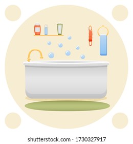 Bathroom interior. Shower gel, sponge, shampoo, bathtub, towel, carpet and faucet. Yellow decorative background, vector.