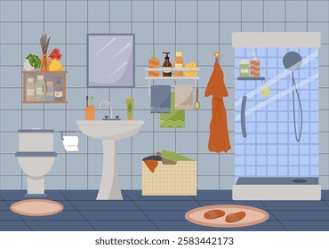 Bathroom interior with shower, sink and toilet. Mirror, laundry basket, rug and slippers. Towels, bathrobe and personal hygiene products. Vector illustration
