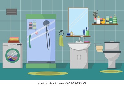 Bathroom interior. Shower stall, sink with cabinet, mirror, washing machine, toilet and hygiene items. Vector flat illustration. For brochures, flyers, print publications and furniture stores.