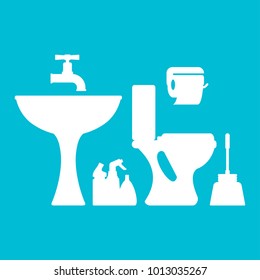 Bathroom interior silhouette. Cleanliness and hygiene in the house. Accessories for showering. Flat vector cartoon illustration. Objects isolated on white background.