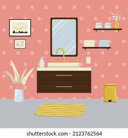 Bathroom interior, sink and bathroom accessories, vector.