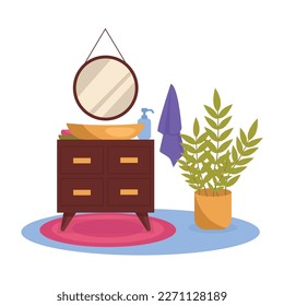 Bathroom interior. Sink with cabinet, mirror, plant, towel, carpet. No background.