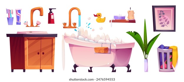 Bathroom interior with sink and furniture cartoon illustration. Cute home bath room set and personal hygiene element equipment. Isolated clean body item and duck in clear indoor vintage hotel