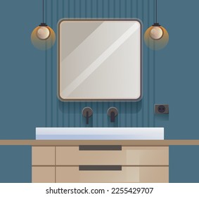 Bathroom interior sink mirror modern realistic style concept. Vector cartoon graphic design element illustration