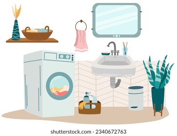 Bathroom interior. Sink, washing machine, laundry basket, detergents, mirror, indoor flower. Flat vector illustration isolated on white background