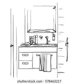 Bathroom interior sketch. Hand drawn washbasin and mirror.