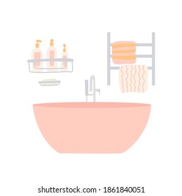 Esbozo interior en el cuarto de baño. Baño vectorial, rampa de toallas climatizada, estantería con botellas. Dibujo a mano de una imagen prediseñada al estilo de las caricaturas.