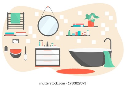 Bathroom interior with toilet, bath, washstand, flower, cremas and toothbrushes at mirror. Vector colorful illustration isolated on white background.