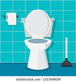 Bathroom interior with Toilet bowl, toilet paper,toilet brush. Vector illustration