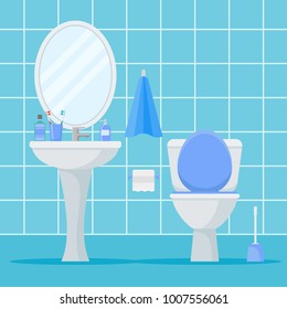 El interior del cuarto de baño incluye wc, lavabo y espejo. Ilustración vectorial de estilo plano.