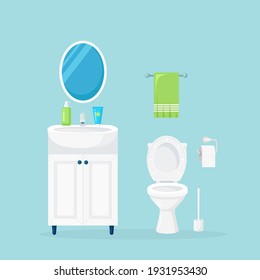 Bathroom interior with toilet bowl, washbasin, mirror and towel. Washroom with sink. Vector illustration