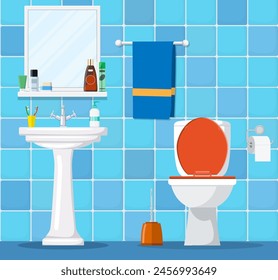 Bathroom interior with toilet bowl, washbasin and mirror. Vector illustration in flat style