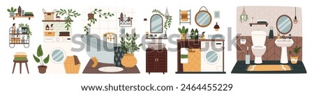 Bathroom interior. Toilet room. Modern closet. Enamel bath and sink. Washing machine with laundry basket. Flat washroom. Towel on bathtub. Toiletry shelf. Restroom elements set. Vector illustration