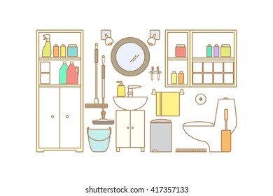Bathroom interior. Toilet interior. Vector line  illustration. 