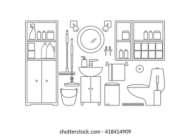 Bathroom interior. Toilet interior. Vector line  illustration. 