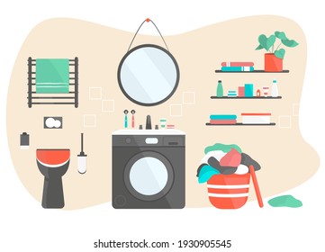 Bathroom interior with toilet, washstand with washing machine, towels, cosmetic, toothbrushes at mirror and laundry basket. Vector colorful illustration isolated on white background.