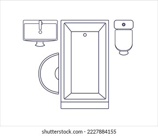 Badezimmer Innenansicht. Badewanne, Toilette mit Spülgang, Waschbecken im Sanitäranlagen. Waschküche mit Badewanne, Grundriss. Flache Vektorgrafik einzeln auf weißem Hintergrund