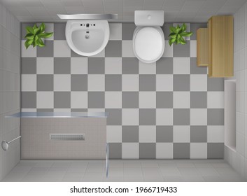 Bathroom interior top view, room with shower with glass wall, toilet bowl, ceramic sink with mirror, potted plants and wooden shelf on tiled floor, lavatory or wc Realistic 3d vector design project