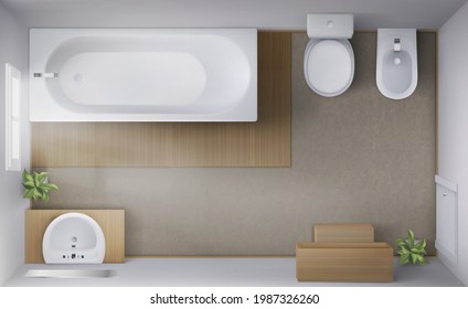 Bathroom interior top view, room with empty bath tub, toilet and bidet bowls, ceramic sink with mirror, window, rug on floor. Modern lavatory visualization, home wc, Realistic 3d vector design project