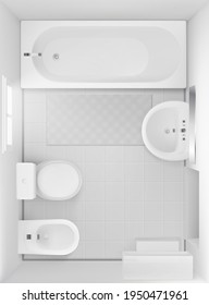 Cuarto de baño con vistas a la parte superior, habitación blanca con bañera, wc, bidé, lavabo de cerámica con espejo y alfombra en el suelo de baldosa, moderna visualización de baños, wc casero, proyecto de diseño de vectores 3d realista