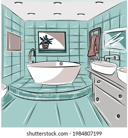 Bathroom interior in turquoise and white colors. Bath, sink, chest of drawers, towel. Vector illustration.