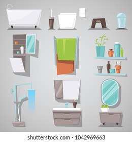 Bathroom interior vector bathtub and shower with mirror furniture in bathhouse illustration set of furnished room for bathing and toilet at home isolated on background