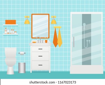 Bathroom interior. Vector. Cartoon room with shower cabin, sink and shelves. Toilet with furniture, plumbing in flat design. Animated illustration.  White turquoise background.