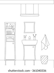 
Bathroom interior. Vector illustration of bathroom. Bathroom by line icon style. Sink and mirror. Cabinet with pile of towels, bottles, shampoo and box. Tile wall. Black and white illustration