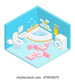 Bathroom interior vector illustration. Hanging toilet without tank. Sink with a mirror hanging on the wall. Automatic washing machine. Bathtub filled with water. 