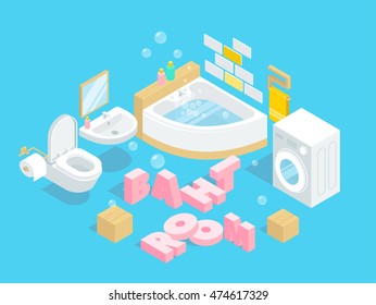 Bathroom interior vector illustration. Hanging toilet without tank. Sink with a mirror hanging on the wall. Automatic washing machine. Bathtub filled with water. 