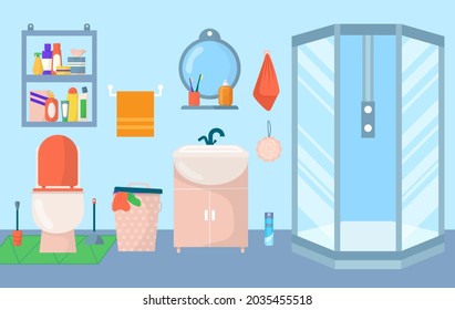 Bathroom interior, vector illustration. Home furniture in rom towel, mirror, sink, modern bathtub for flat design concept. House faucet, shelf